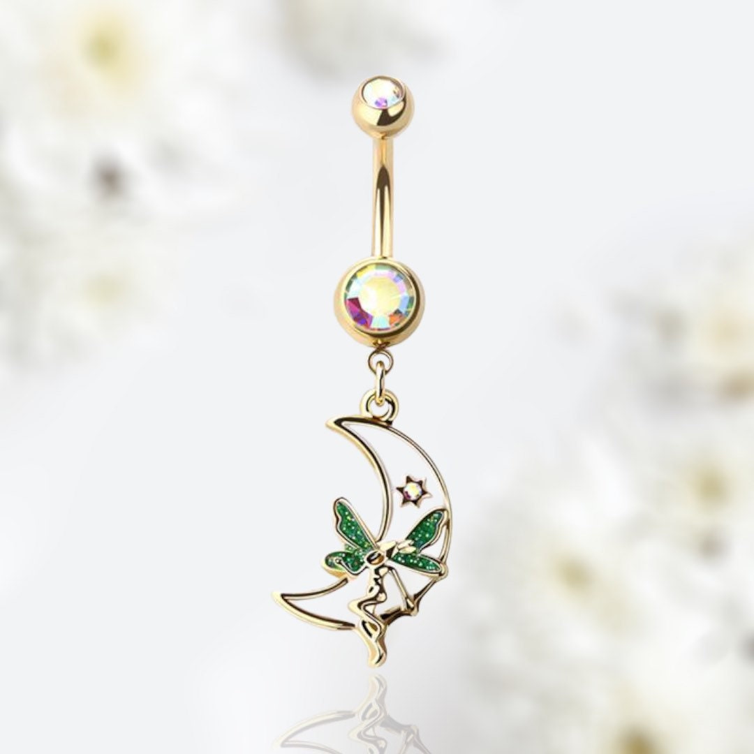 14G Gold White Moon & Fairy Dangling Belly Button Ring • Navel Ring • Belly Piercing