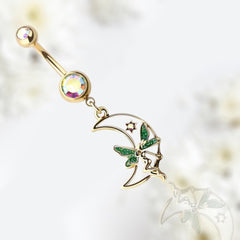 14G Gold White Moon & Fairy Dangling Belly Button Ring • Navel Ring • Belly Piercing