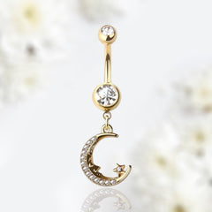 14G Gold Sleeping Moon & Star Dangling Belly Button Ring • Navel Ring • Belly Piercing