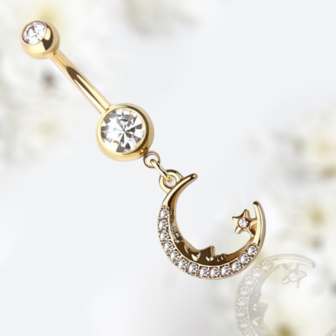 14G Gold Sleeping Moon & Star Dangling Belly Button Ring • Navel Ring • Belly Piercing