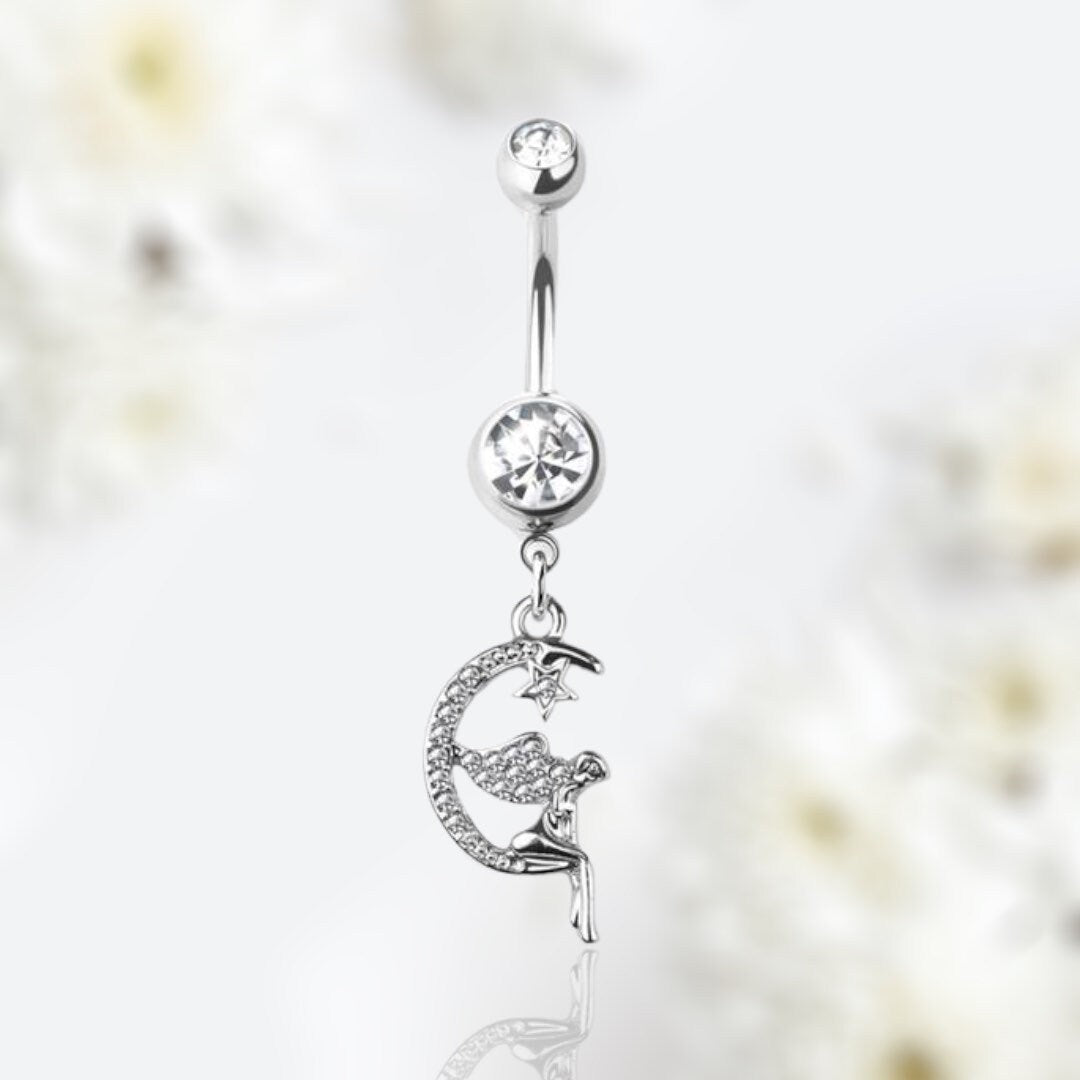 14G Silver Moon & Fairy Dangling Belly Button Ring • Navel Ring • Belly Piercing