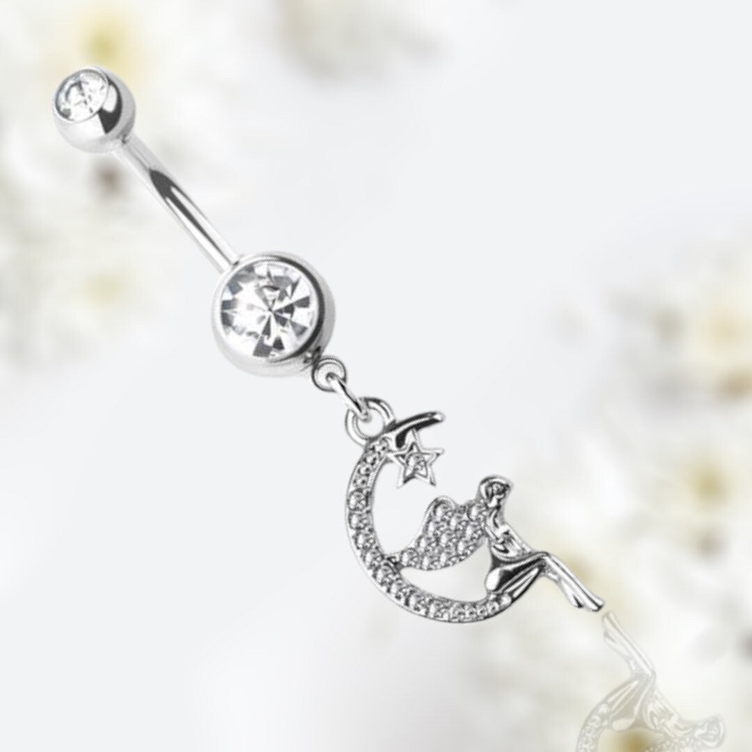 14G Silver Moon & Fairy Dangling Belly Button Ring • Navel Ring • Belly Piercing