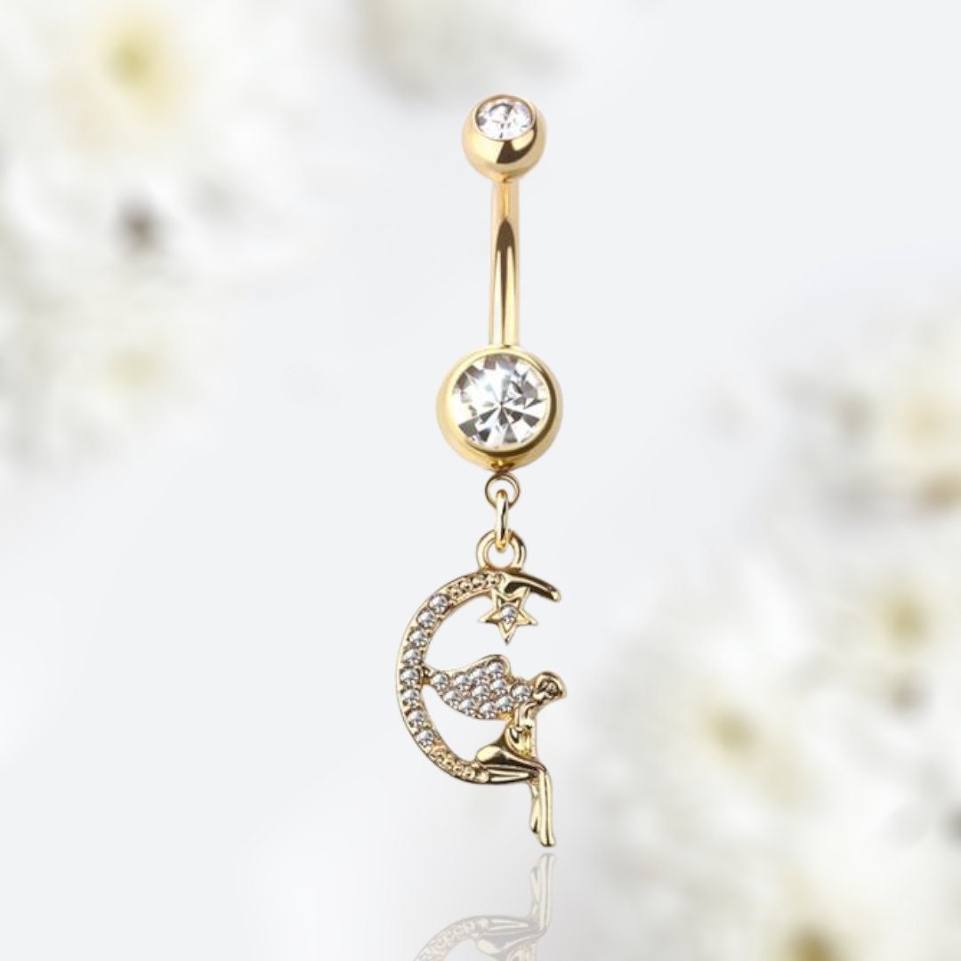 Gold Clear Gem Moon & Fairy Dangling Belly Button Ring • Navel Ring • Belly Piercing