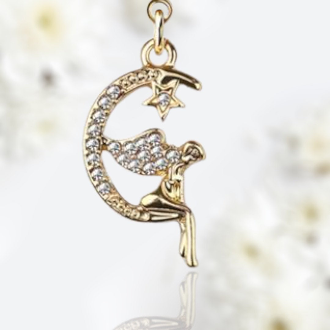 Gold Clear Gem Moon & Fairy Dangling Belly Button Ring • Navel Ring • Belly Piercing