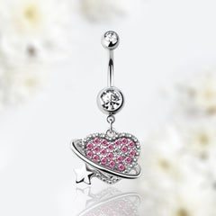 Silver Dangling Pink Heart Belly Button Ring • Navel Ring • Belly Piercing