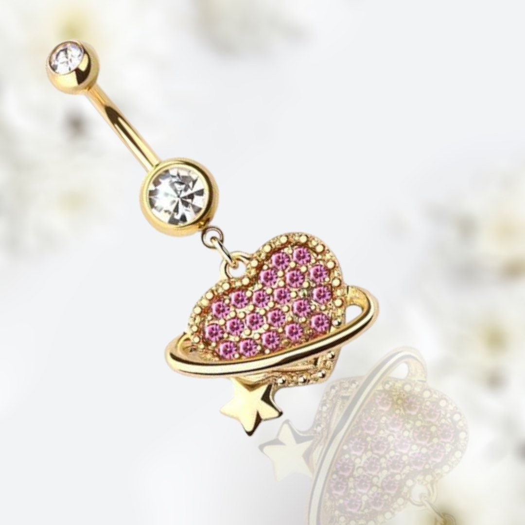 Gold Dangling Pink Heart Star Belly Button Ring • Navel Ring • Belly Piercing