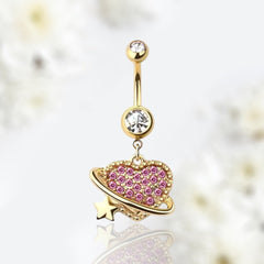 Gold Dangling Pink Heart Star Belly Button Ring • Navel Ring • Belly Piercing