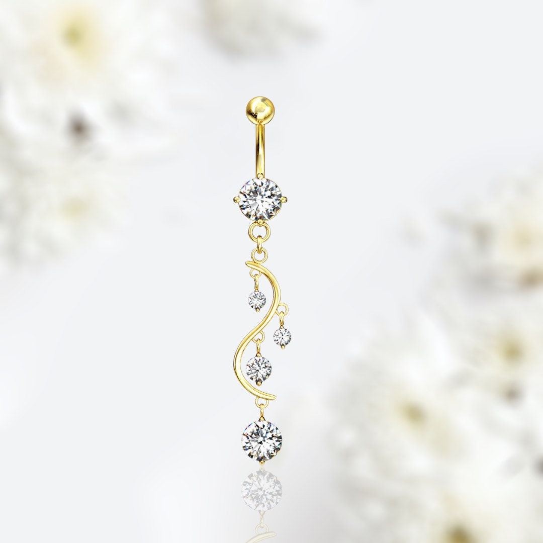 Gold Dangling Clear Solitaire Gems Belly Button Ring