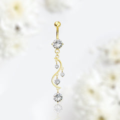 Gold Dangling Clear Solitaire Gems Belly Button Ring