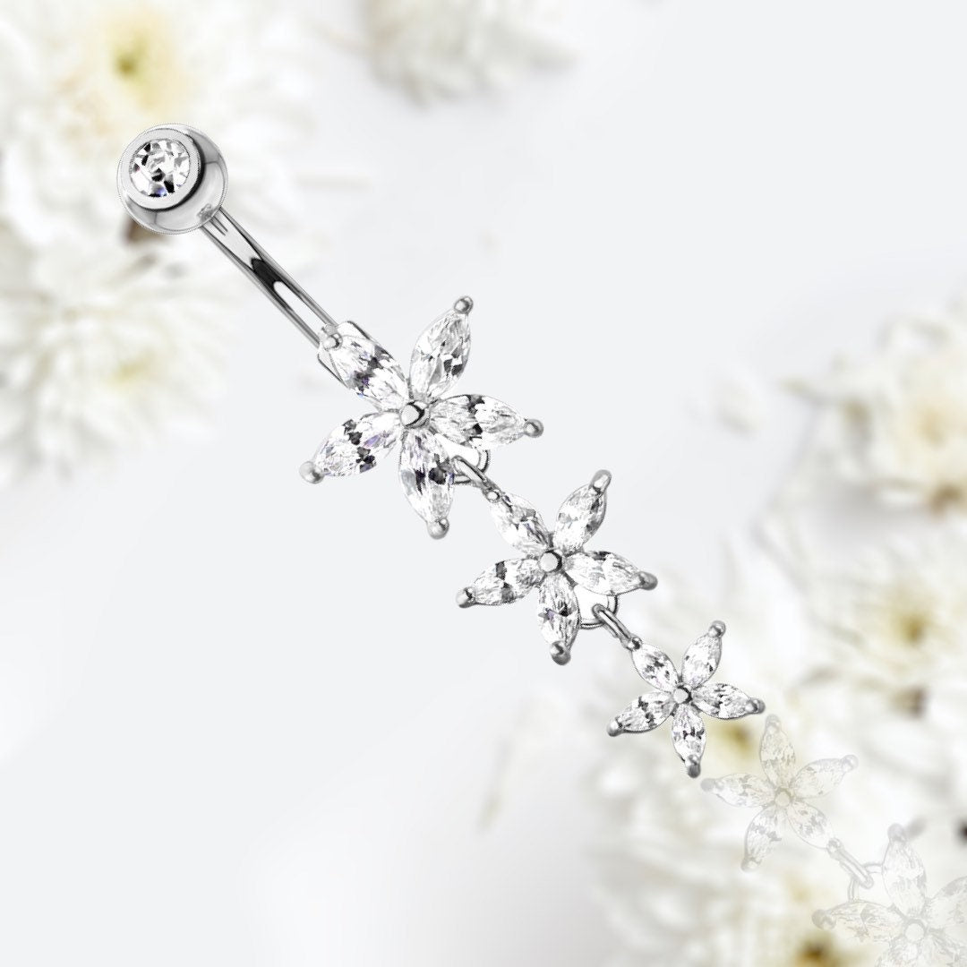 14G Silver Tier Sparkling Flower Belly Button Ring