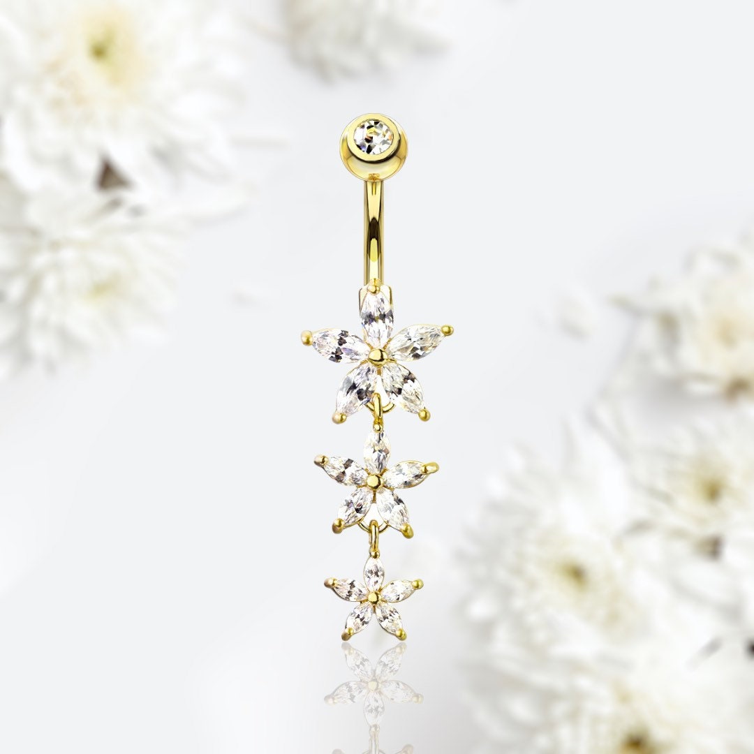 14G Gold Flower Dangling Belly Button Ring