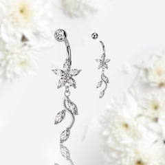 Silver Sparkling Marquise Flower Dangling Belly Button Ring