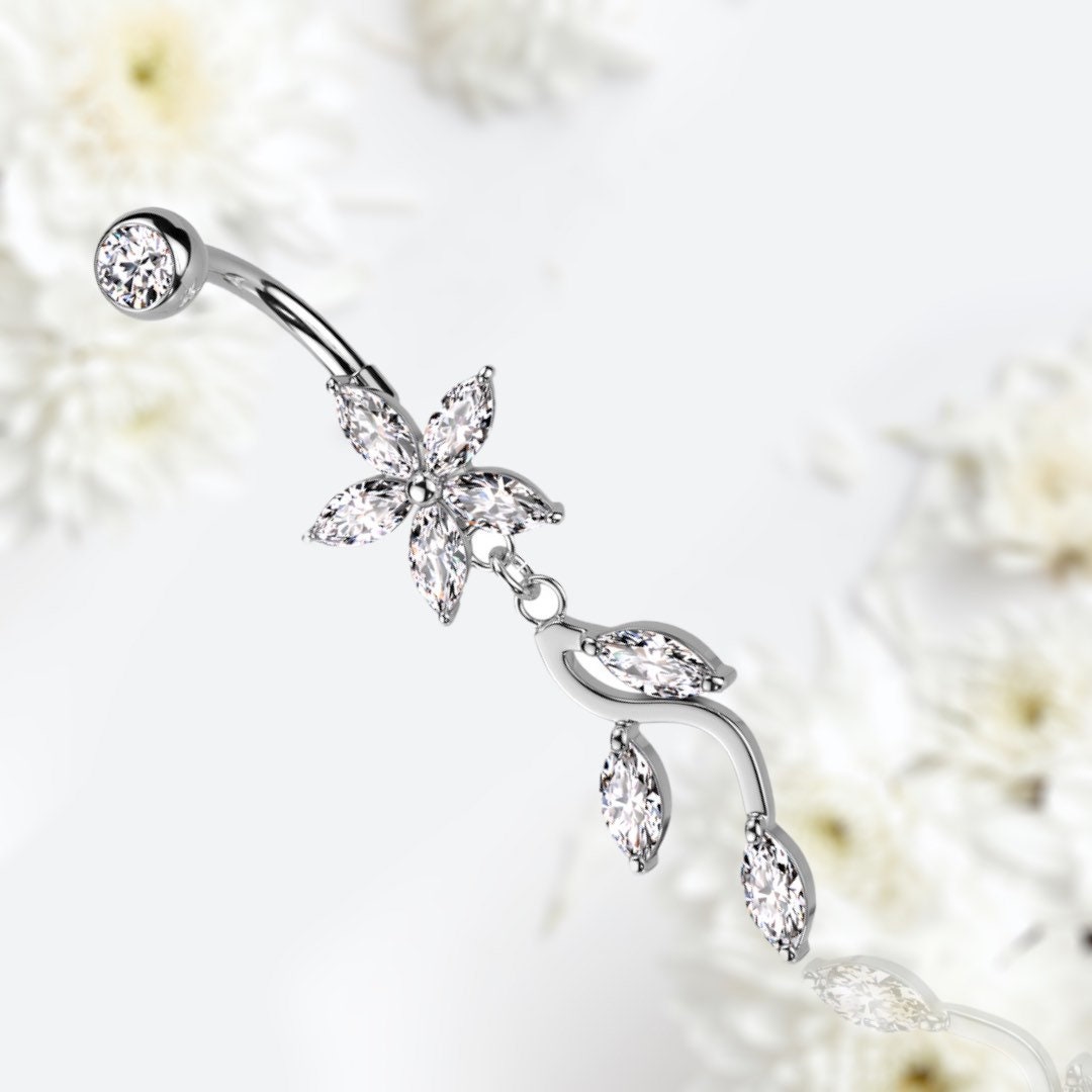 Silver Sparkling Marquise Flower Dangling Belly Button Ring