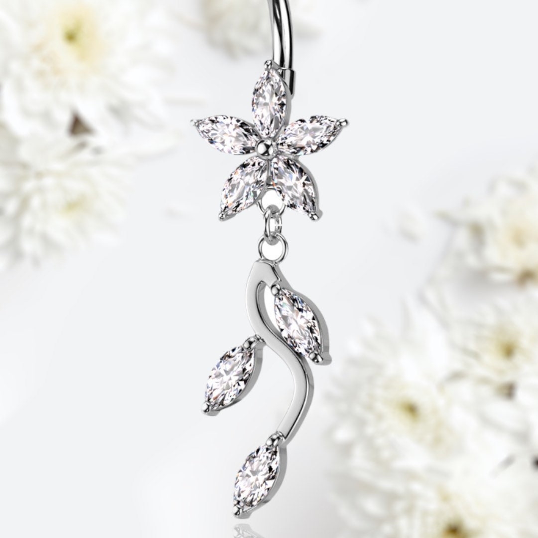 Silver Sparkling Marquise Flower Dangling Belly Button Ring