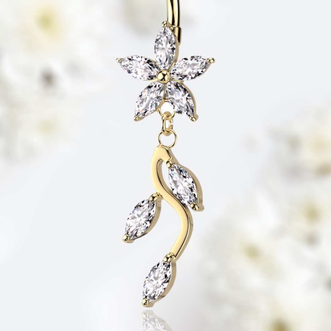 Gold Sparkling Marquise Flower Dangling Belly Button Ring