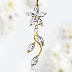 Gold Sparkling Marquise Flower Dangling Belly Button Ring