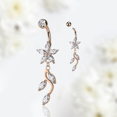 Rose Gold Sparkling Marquise Flower Dangling Belly Button Ring