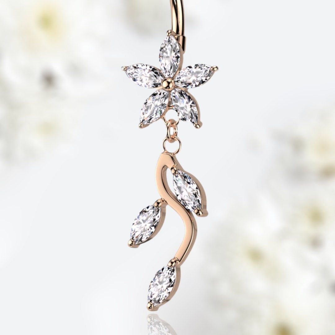 Rose Gold Sparkling Marquise Flower Dangling Belly Button Ring