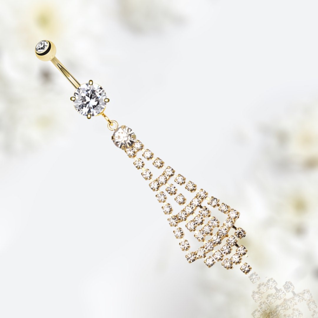 Gold Sparkling Gems Waterfall Dangling Belly Button Ring