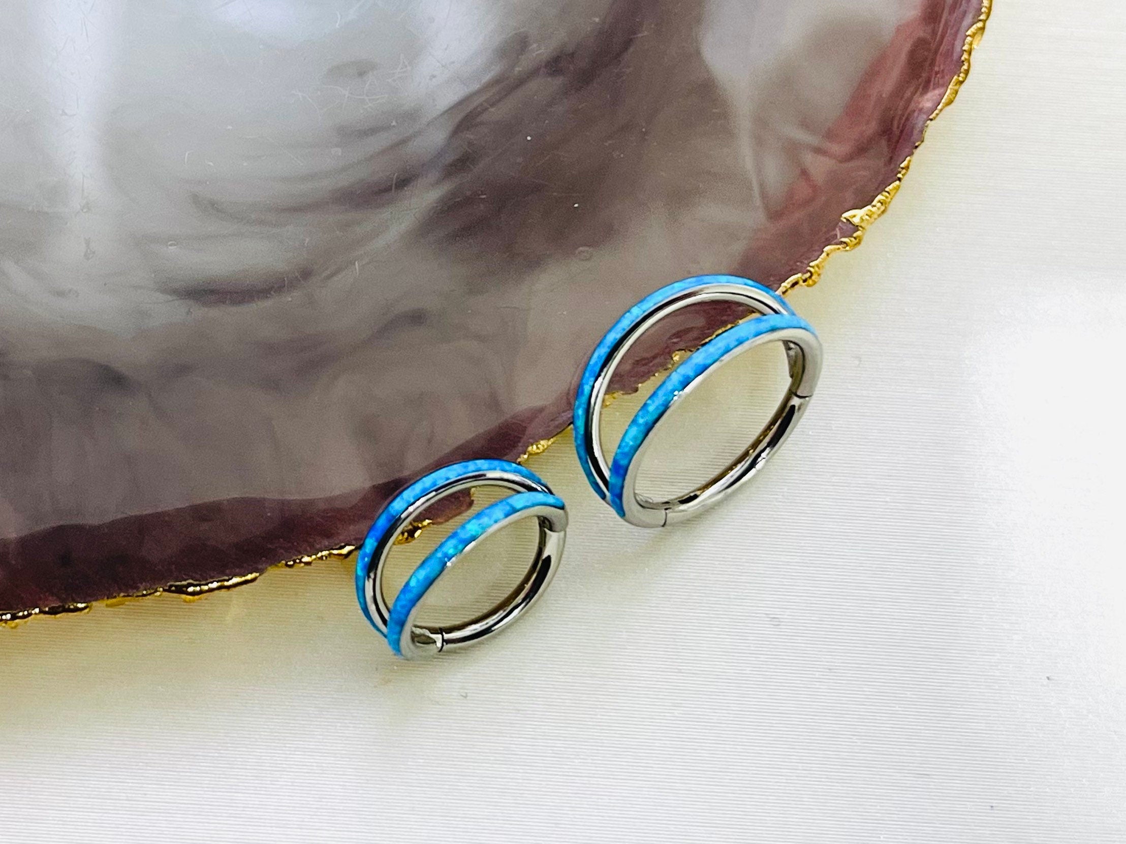 16G Implant Grade Titanium Double Line Blue Opal Hinged Clicker Ring