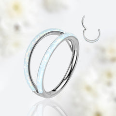 16G Implant Grade Titanium Double Line White Opal Hinged Clicker Ring