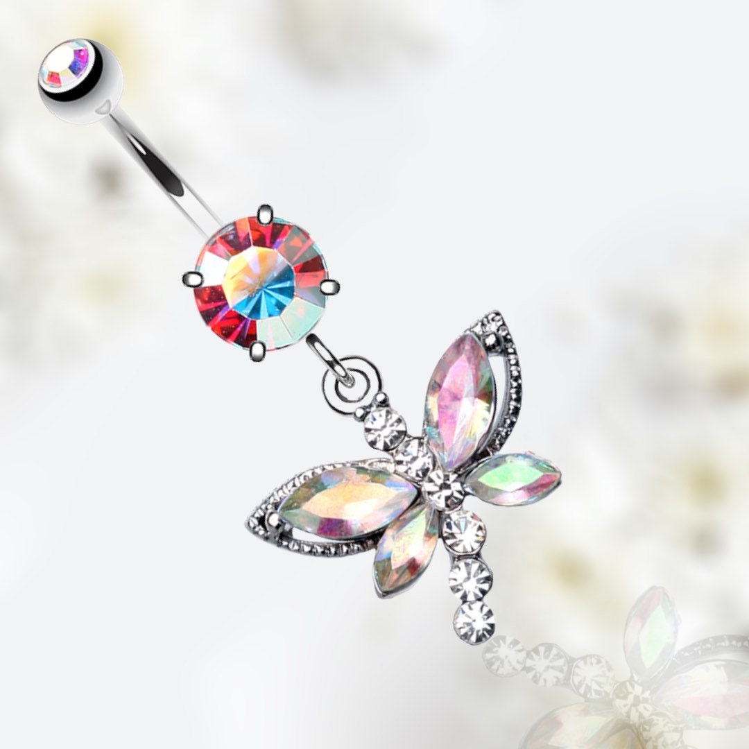 Silver Dangling Multicolor Dragonfly Wings Belly Button Ring