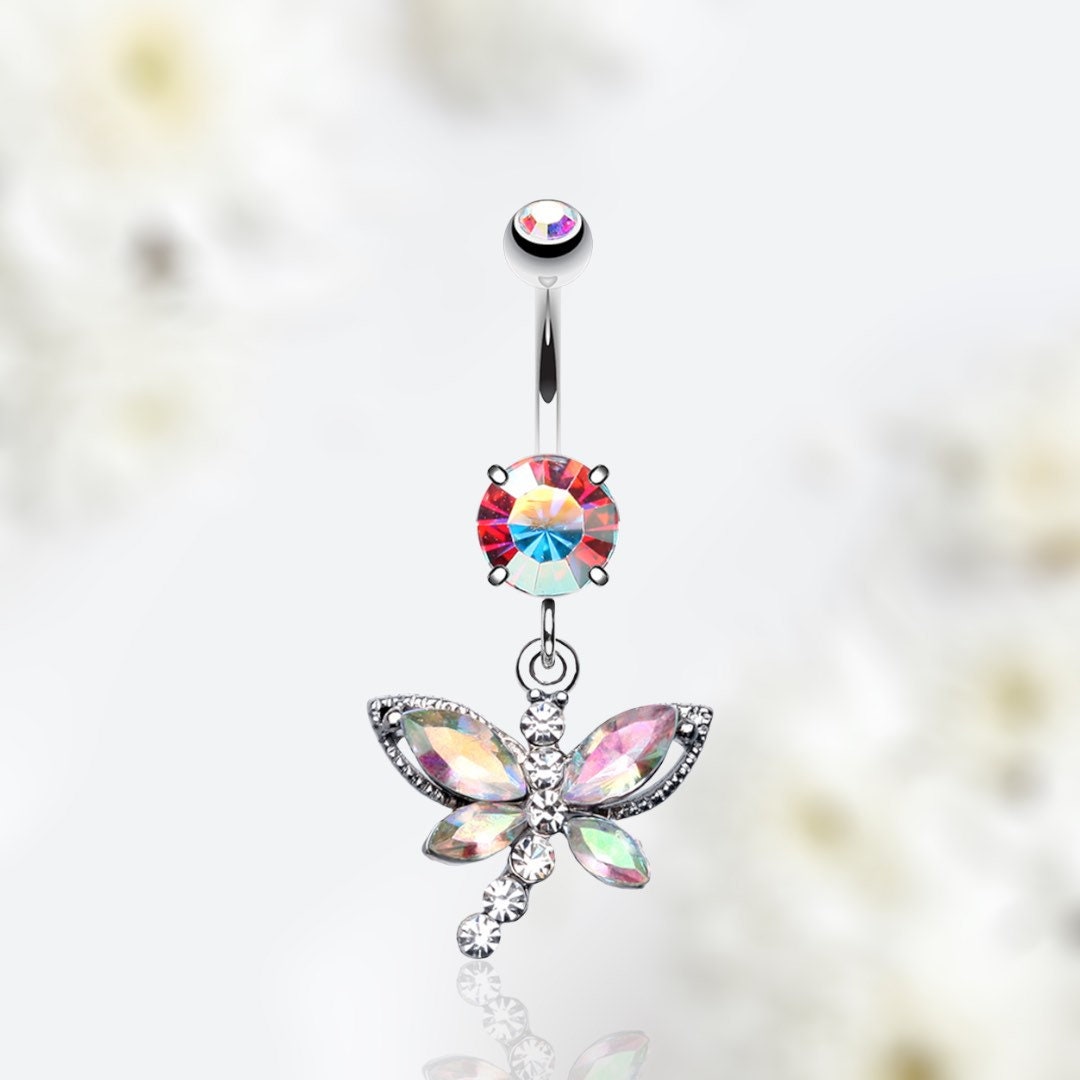 Silver Dangling Multicolor Dragonfly Wings Belly Button Ring