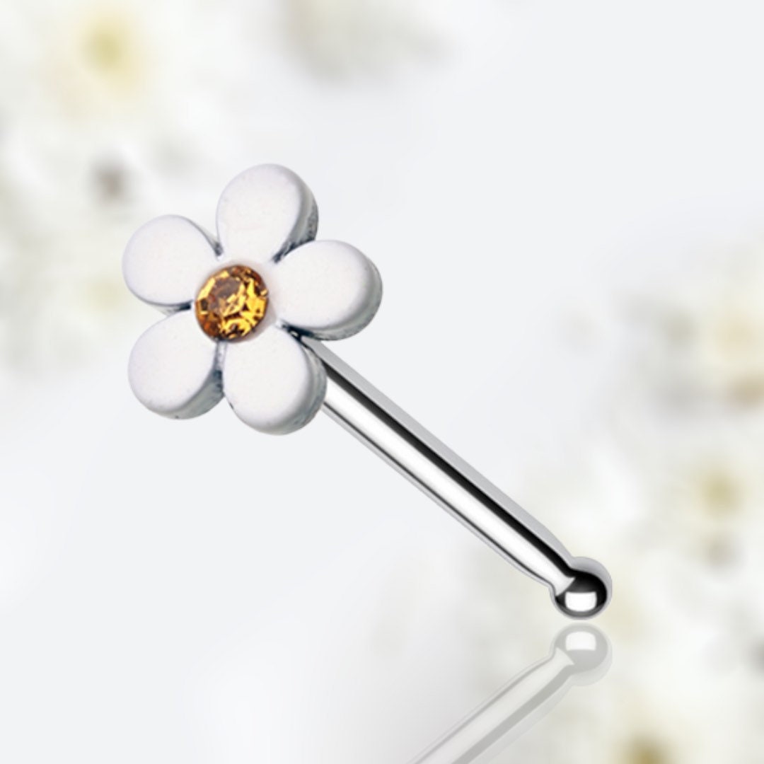 20G Silver White Plumeria Flower Top L Nose Stud with Ball