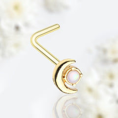 20G Gold White Opal Moon L Shape Nose Stud