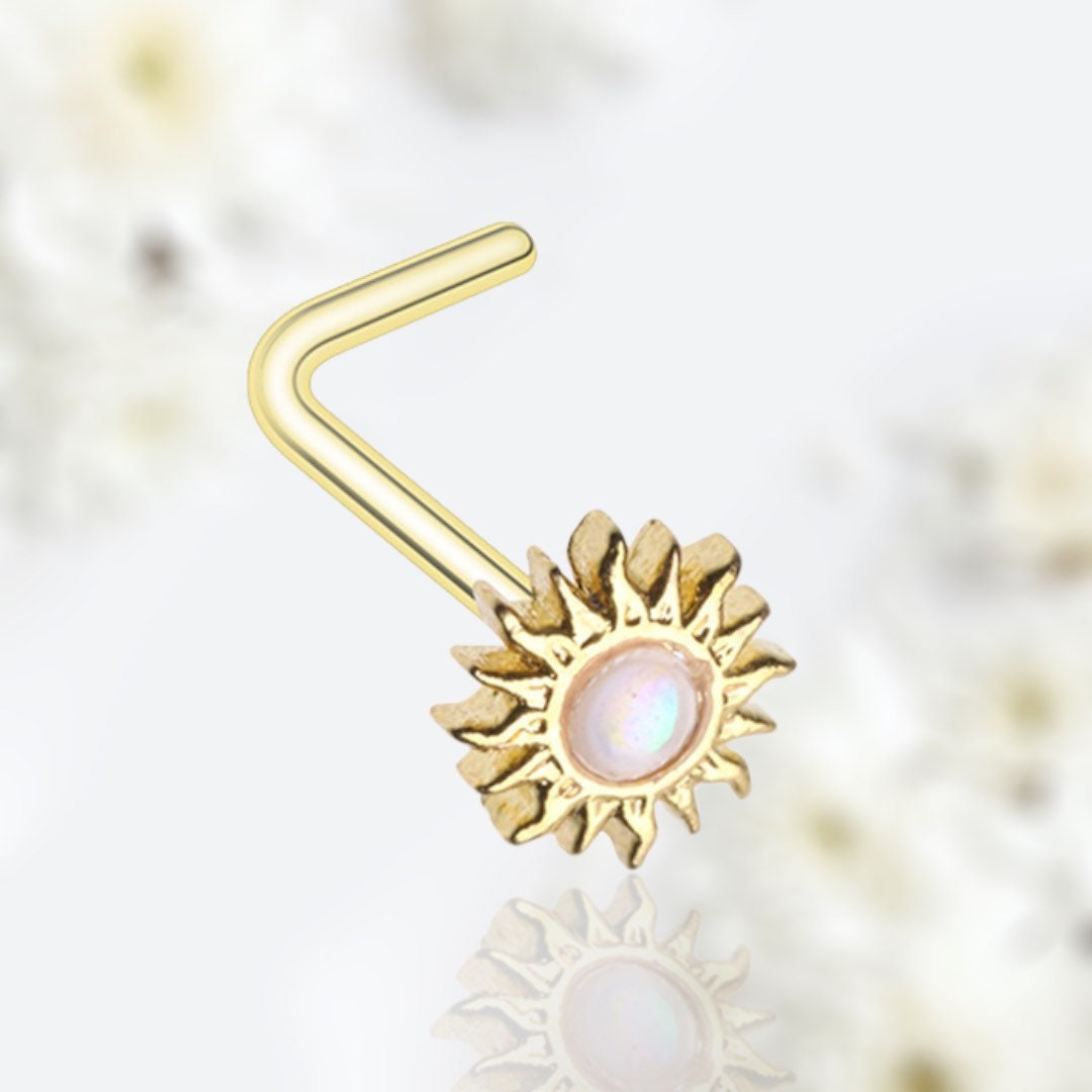 20G Gold White Opal Sun L Shape Nose Stud