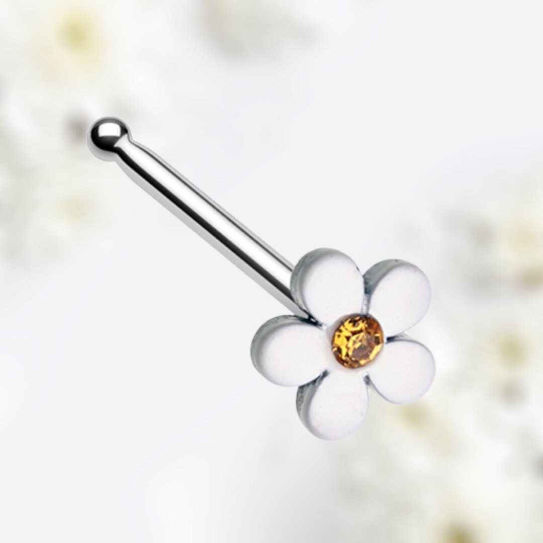 20G Silver White Plumeria Flower Top L Nose Stud with Ball