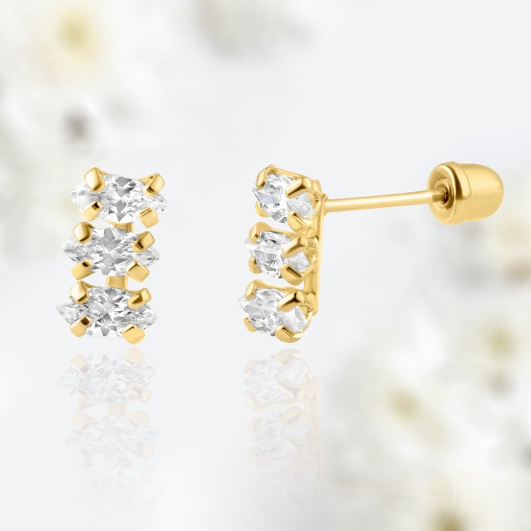 Dainty 14Karat Yellow Gold Three Marquis CZ Screw Back Earrings