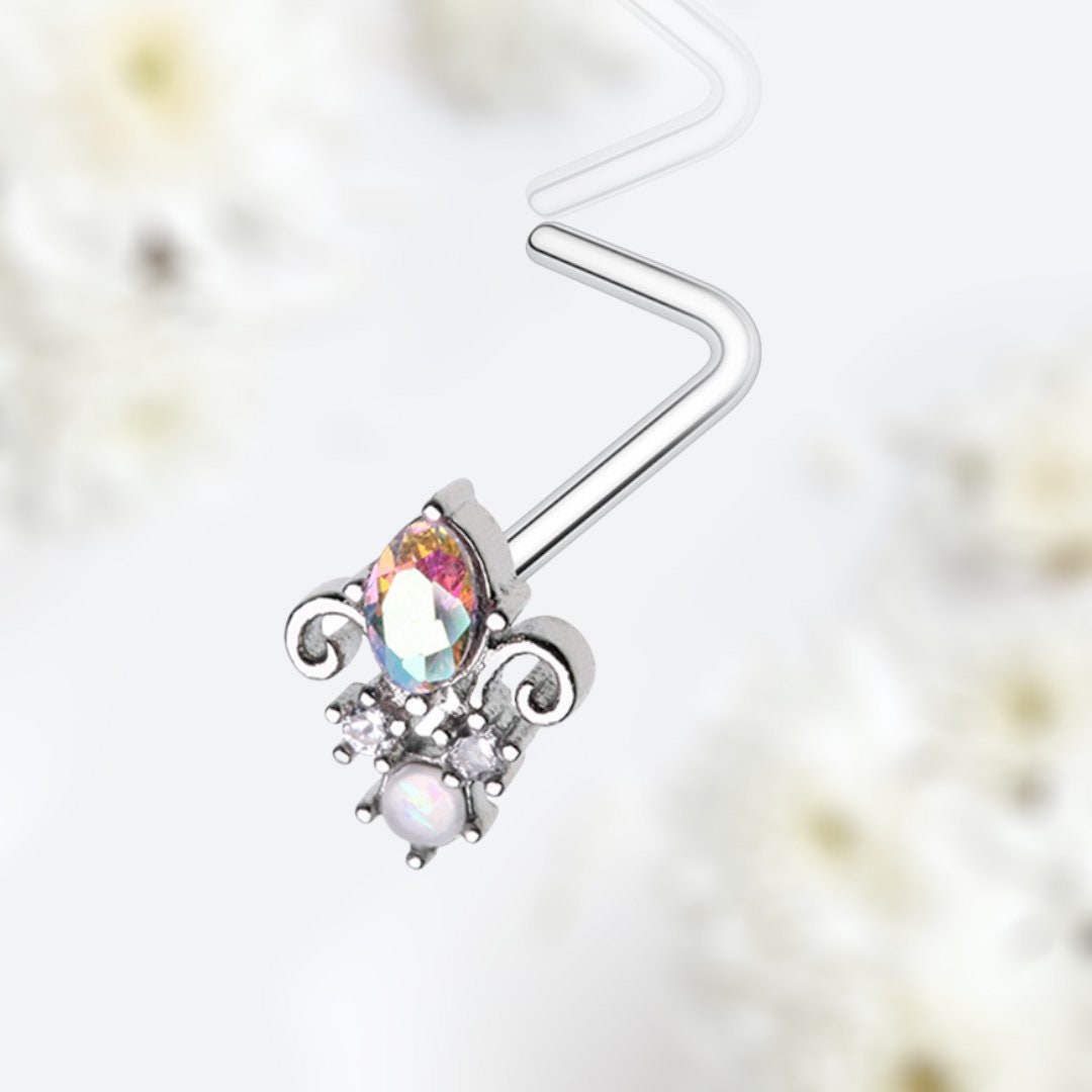 20G Silver Multicolor Gem Victorian L Shape Nose Stud