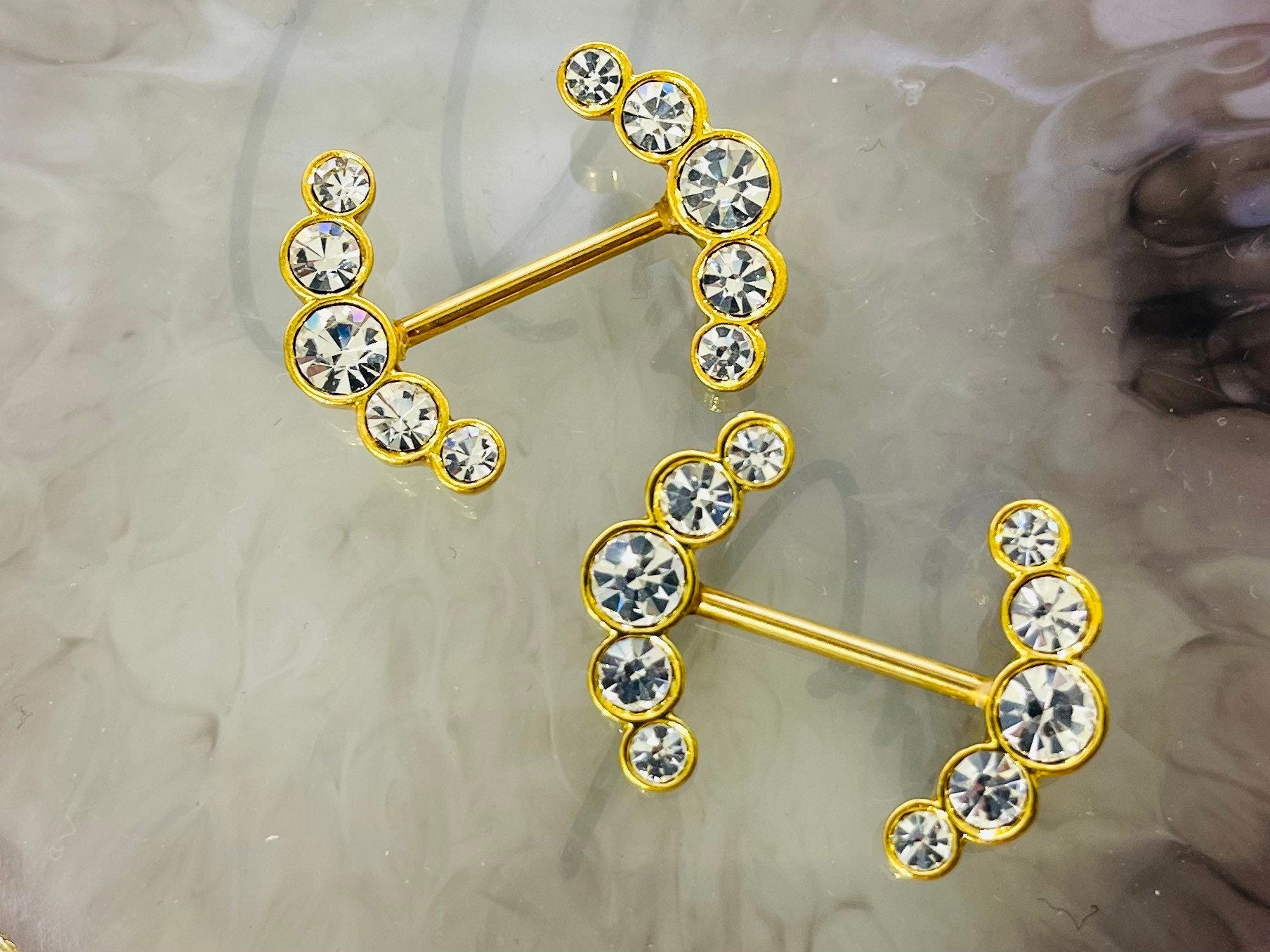 Pair of 14G Gold Sparkling Clear Gem Ends Nipple Barbells