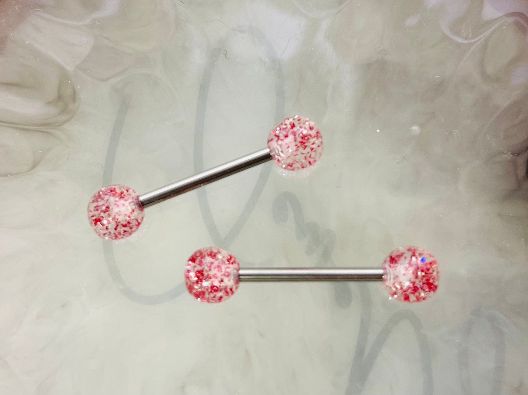 Pair of 14G Red Glitter Ball Ends Nipple Barbell