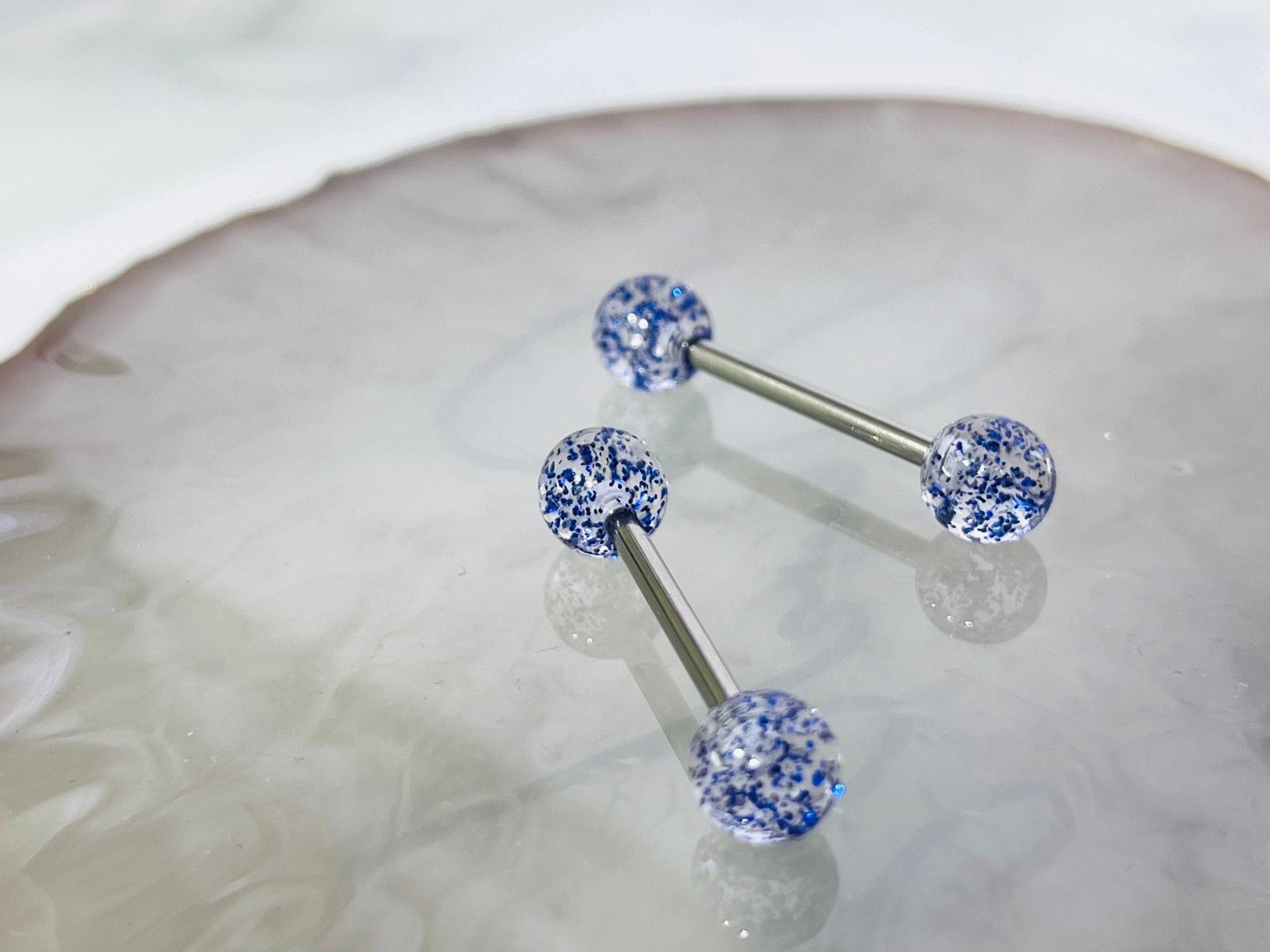 Pair of 14G Blue Glitter Ball Ends Nipple Barbell. Nipple Rings. Nipple Jewelry. Nipple Piercing