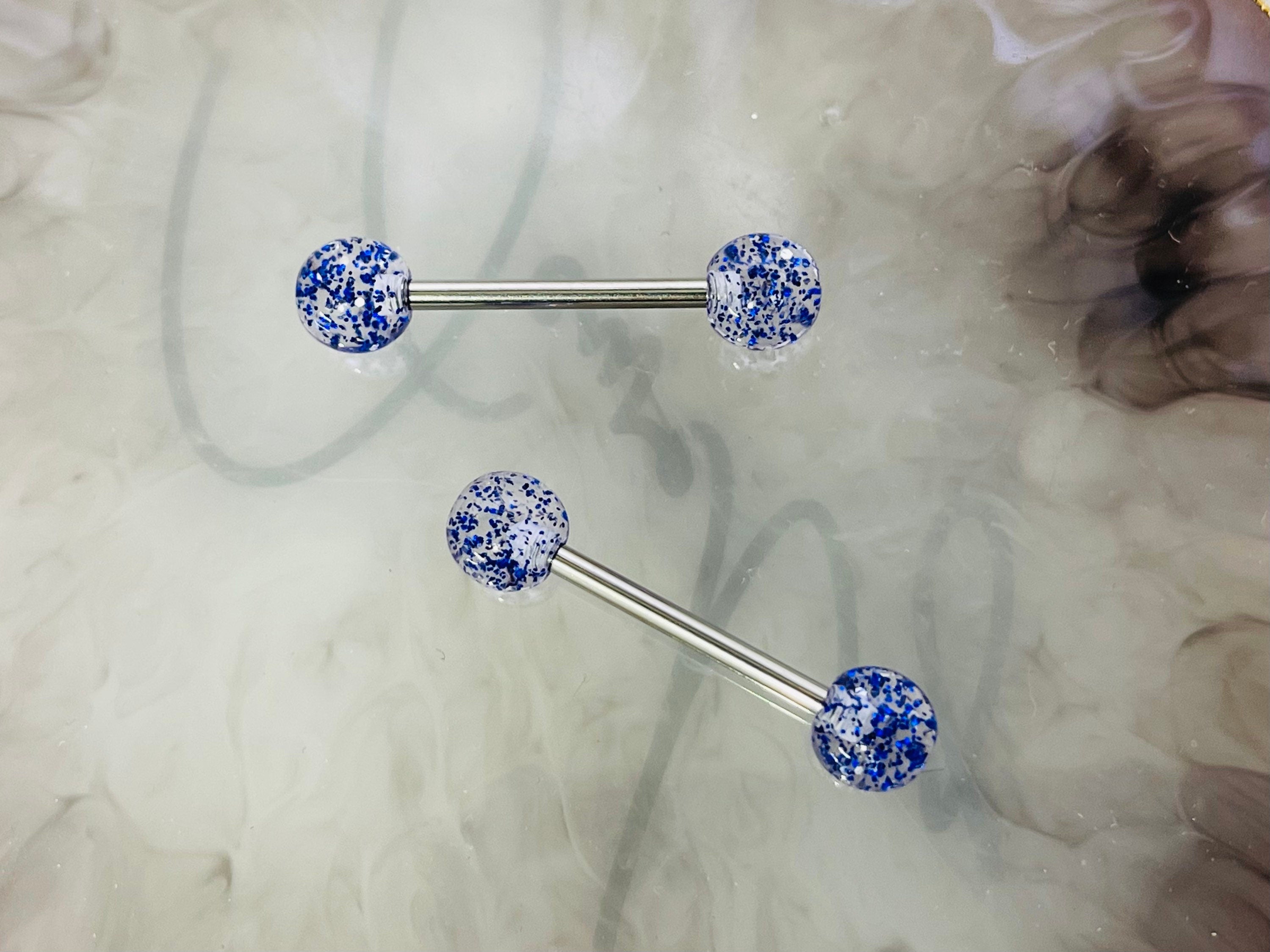 Pair of 14G Blue Glitter Ball Ends Nipple Barbell. Nipple Rings. Nipple Jewelry. Nipple Piercing