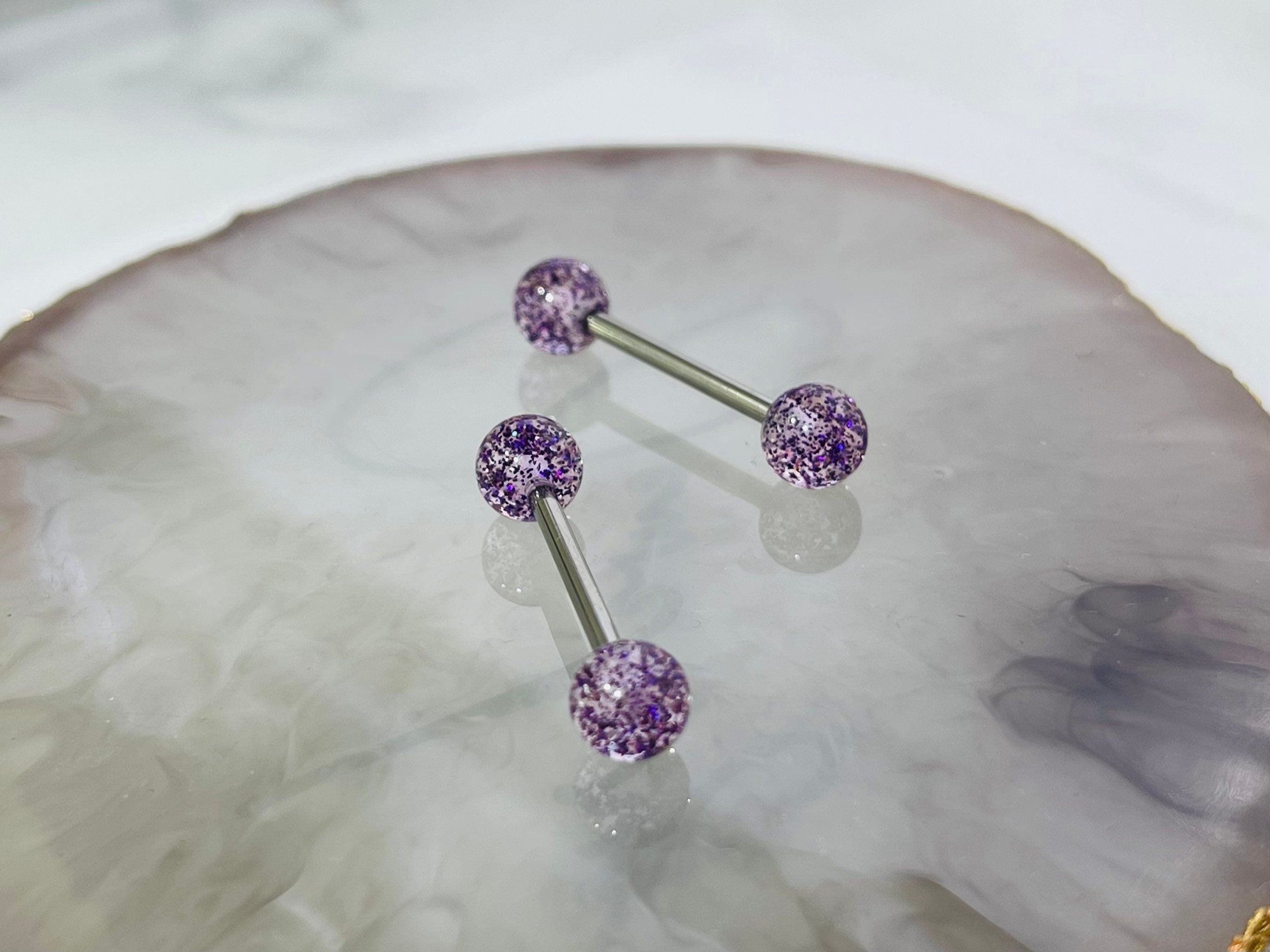 Pair of 14G Purple Glitter Ball Ends Nipple Barbell