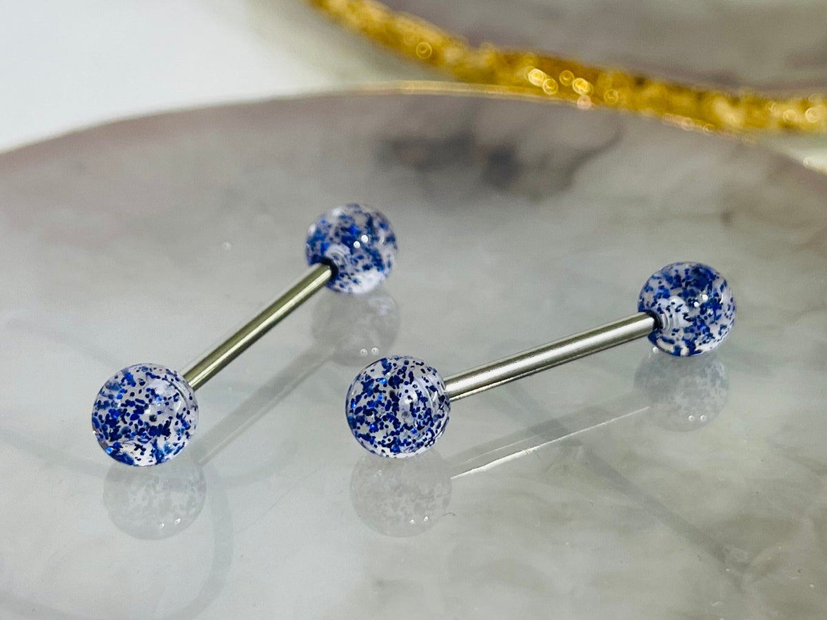 Pair of 14G Blue Glitter Ball Ends Nipple Barbell. Nipple Rings. Nipple Jewelry. Nipple Piercing