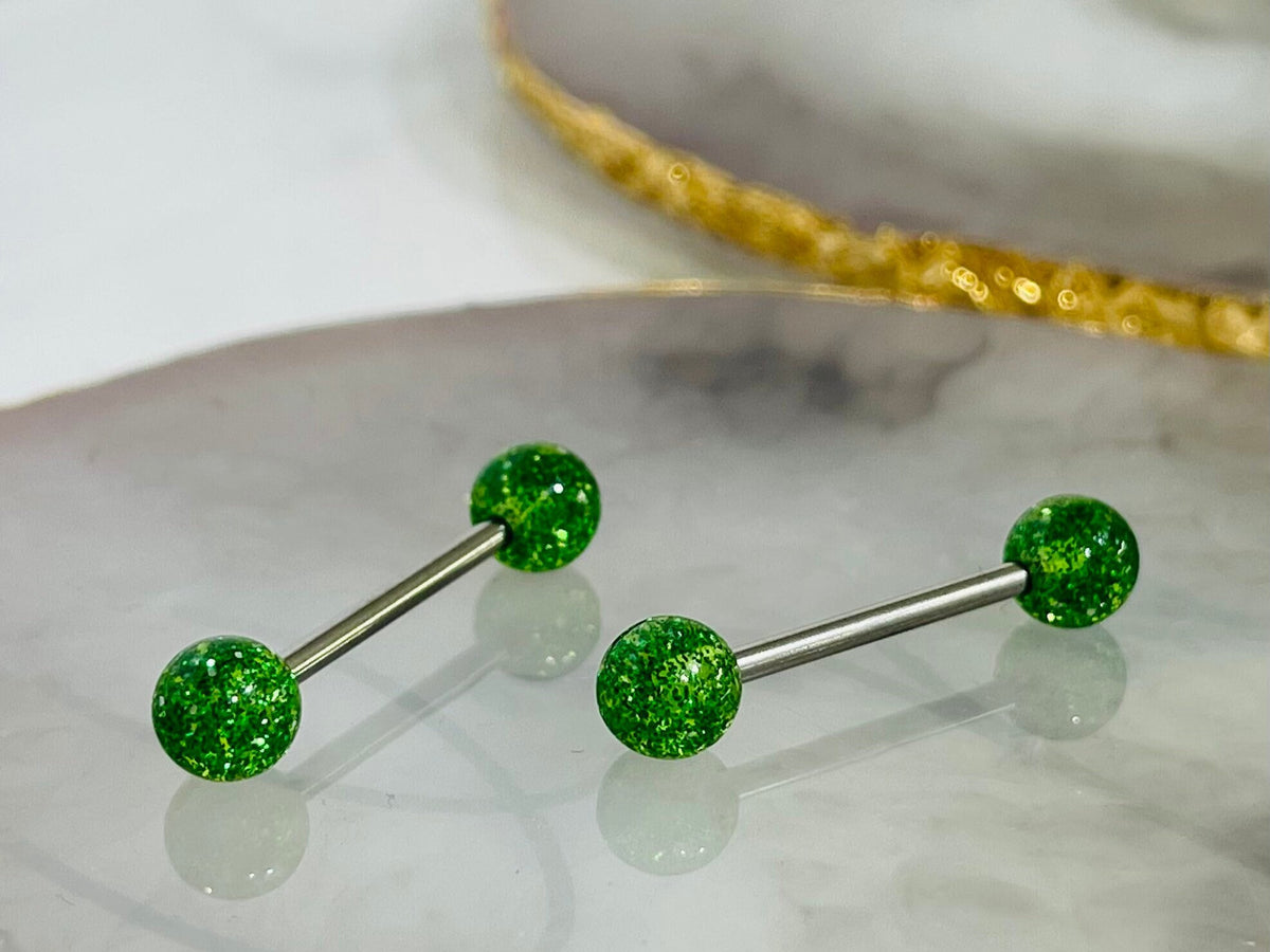 Pair of 14G Green Glitter Ball Ends Nipple Barbell