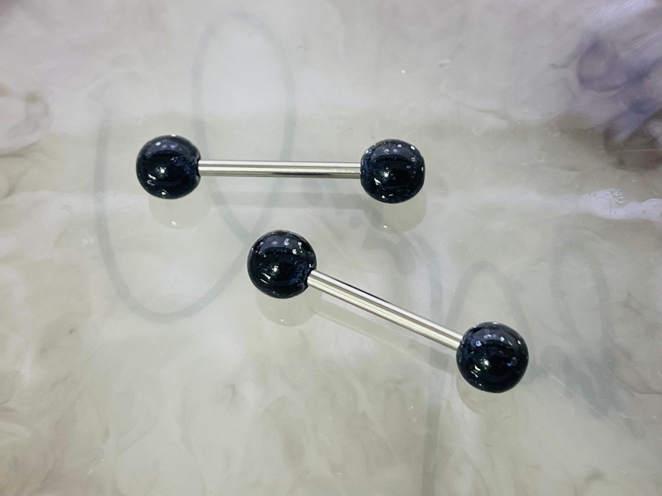 Pair of 14G Black Glitter Ball Ends Nipple Barbell