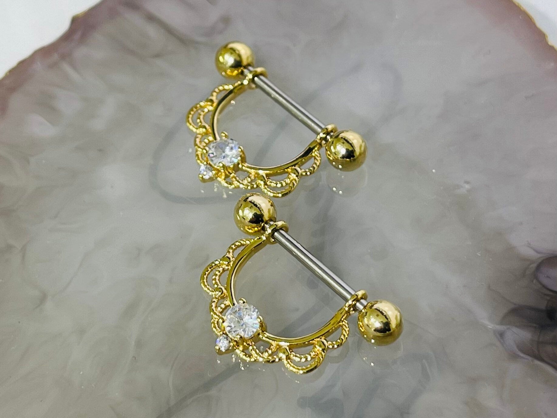 Pair of 14G Gold Clear Gem Filigree Dangle Nipple Barbell