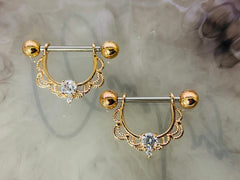 Pair of 14G Rose Gold Clear Gem Filigree Dangle Nipple Barbell