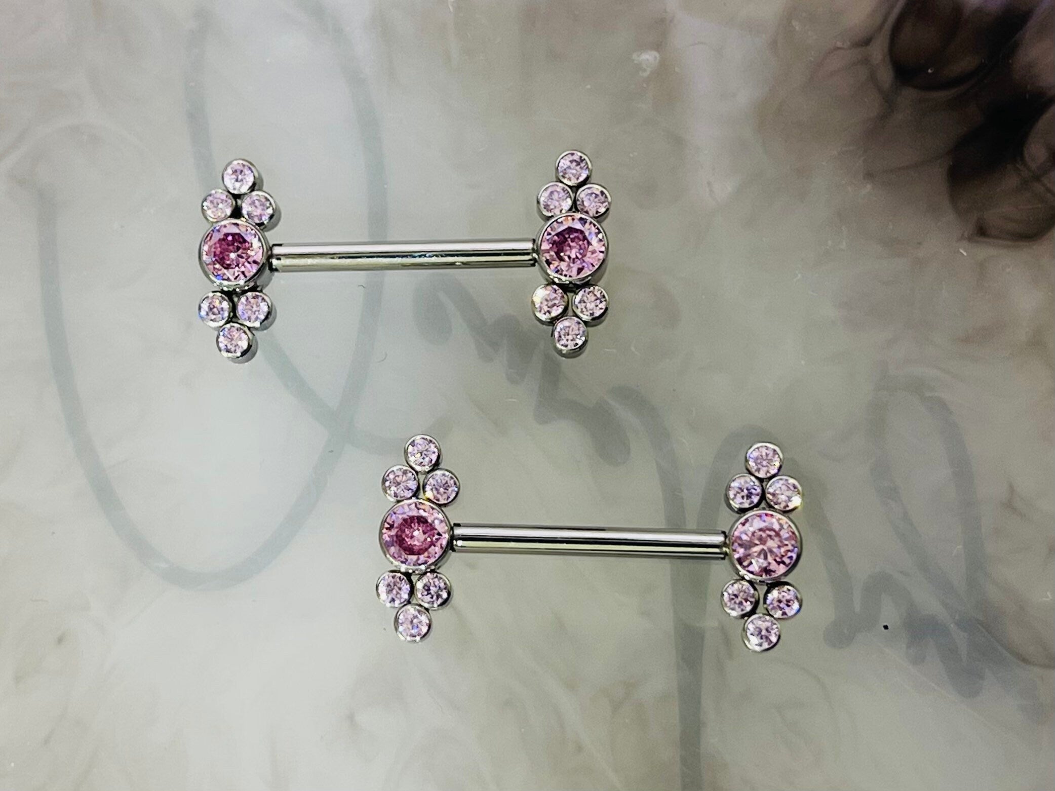 Pair of 14G Implant Grade Titanium Internally Threaded Sparkling Bezel Set Pink Gems End Nipple Barbell