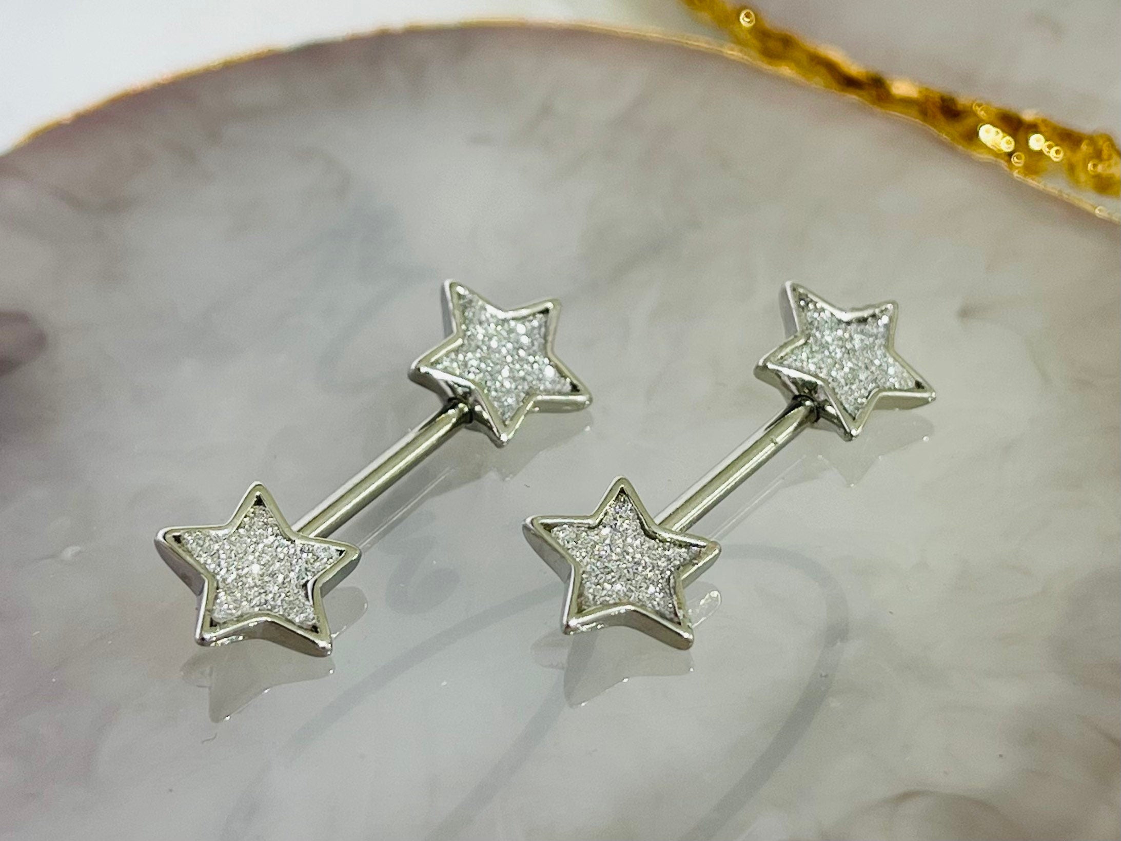 Pair of 14G Silver Glitter Star Ends Nipple Barbell