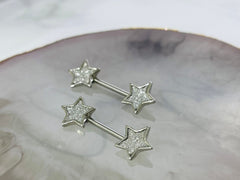 Pair of 14G Silver Glitter Star Ends Nipple Barbell