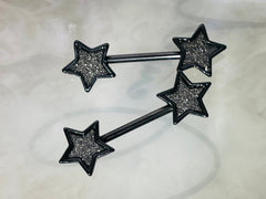 Pair of 14G Black Glitter Star Ends Nipple Barbell