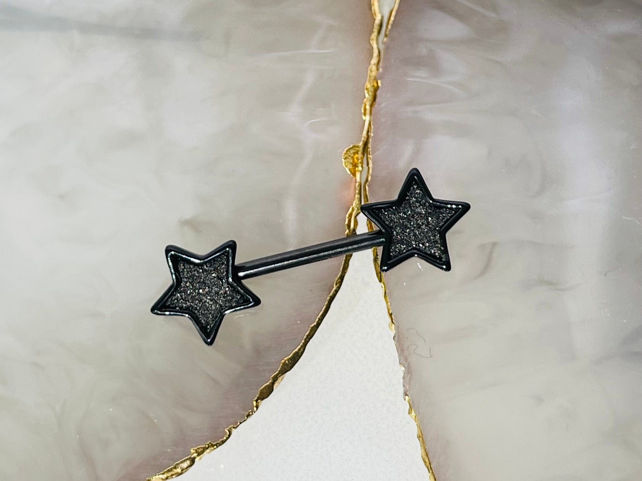 Pair of 14G Black Glitter Star Ends Nipple Barbell