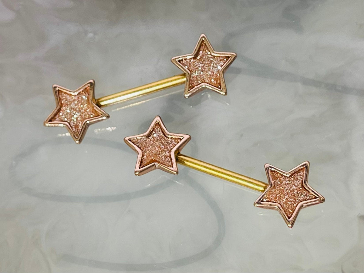 Pair of 14G Rose Gold Glitter Star Ends Nipple Barbell. Nipple Jewelry. Nipple Rings. Nipple Piercing