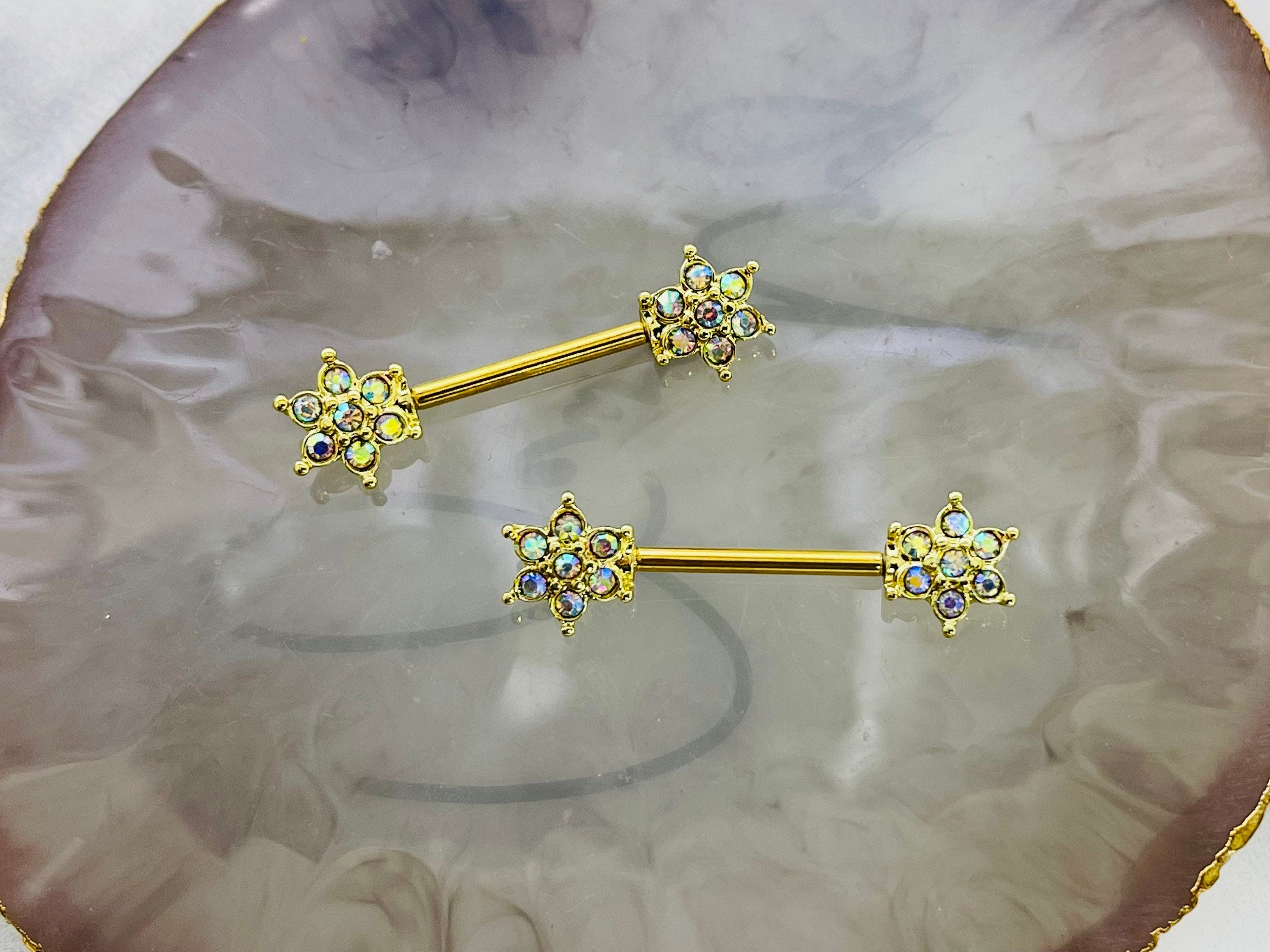 Pair of 14G Gold Multicolor Gem Flower Ends Nipple Barbell